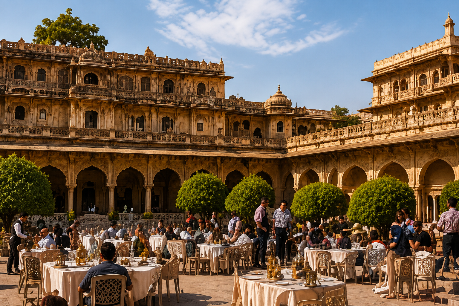 Group travel gathering in a Rajasthan heritage courtyard