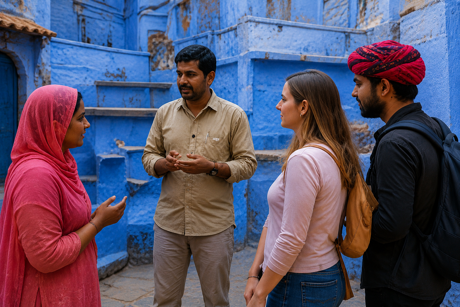 Local guide assisting travellers in a Rajasthan old-city setting