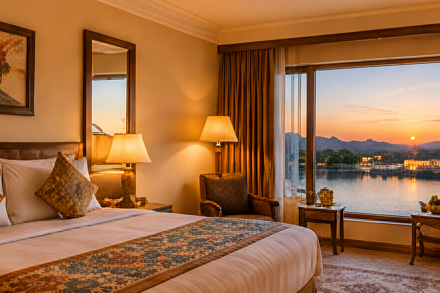 Comfortable Rajasthan hotel room with lake view