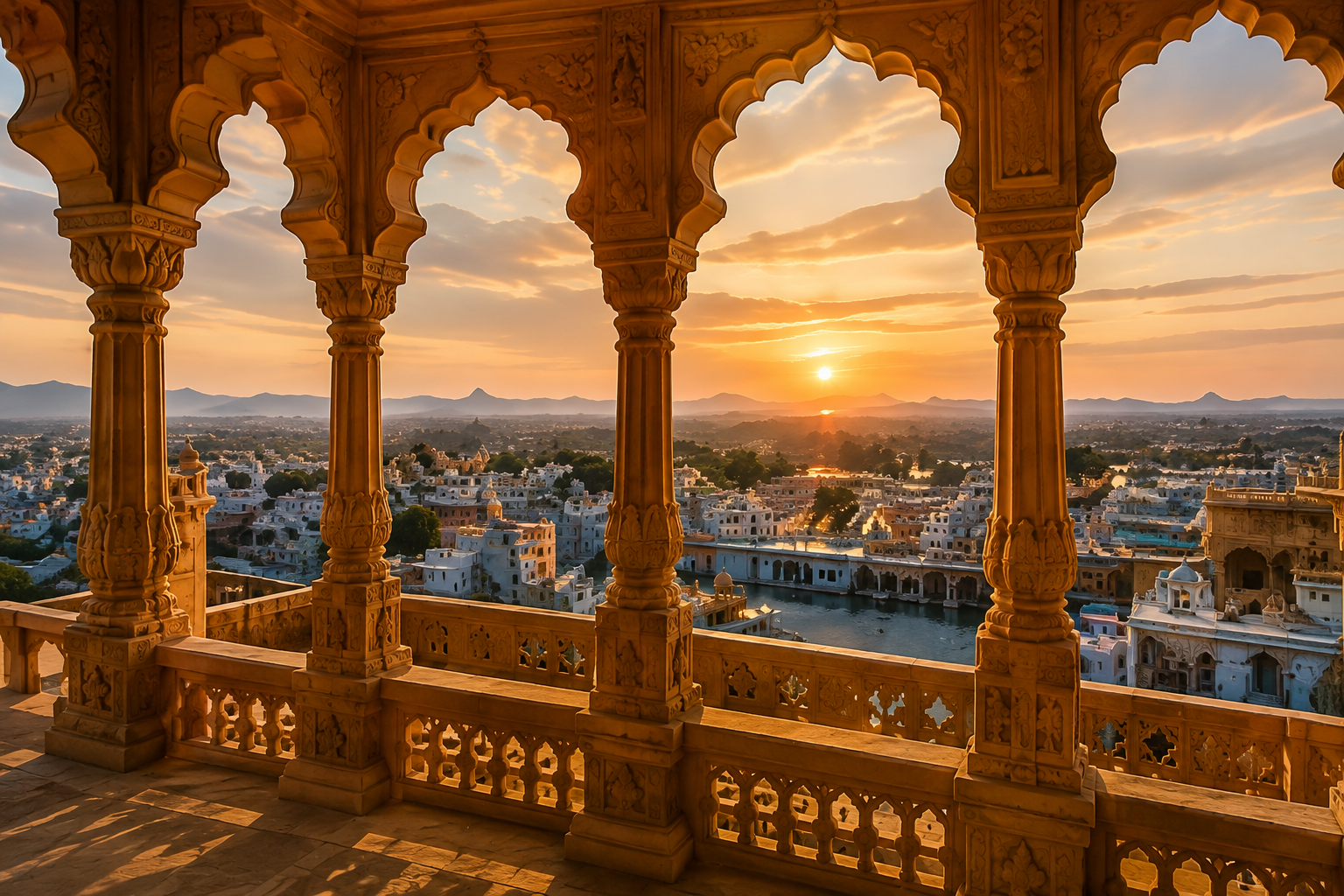 Rajasthan heritage architecture viewed through carved arches at sunset