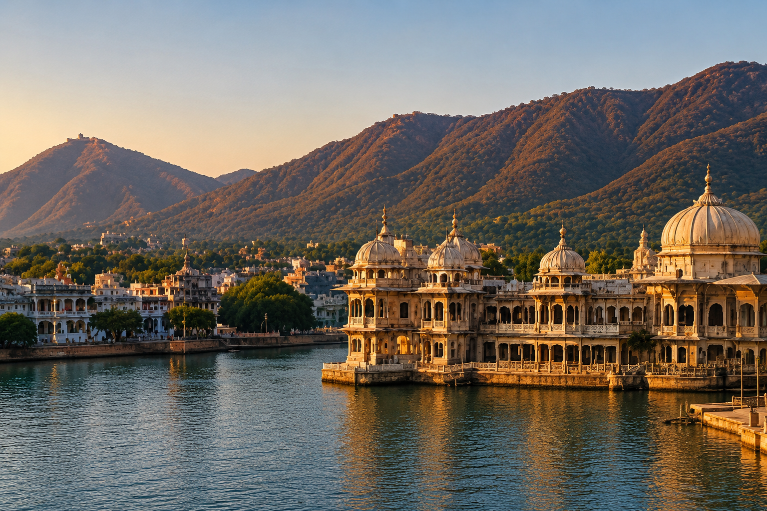 Rajasthan lake and palace landscape in pleasant travel weather